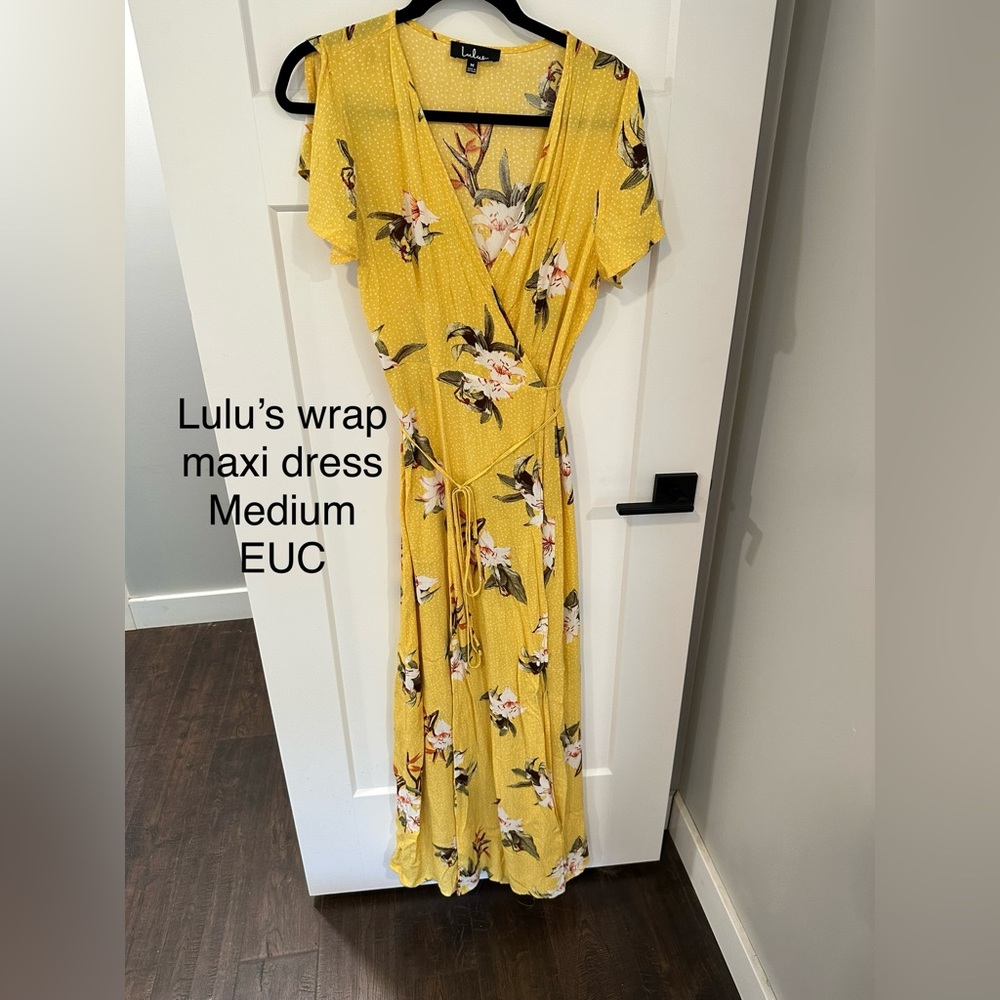Lulu's Golden floral yellow wrap maxi dress